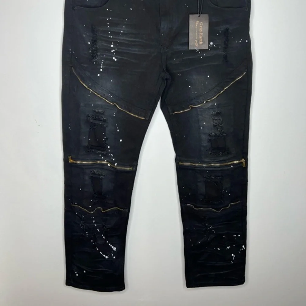 NEW Grey Earth paint splatter moto‎ zipper skinny jeans 42